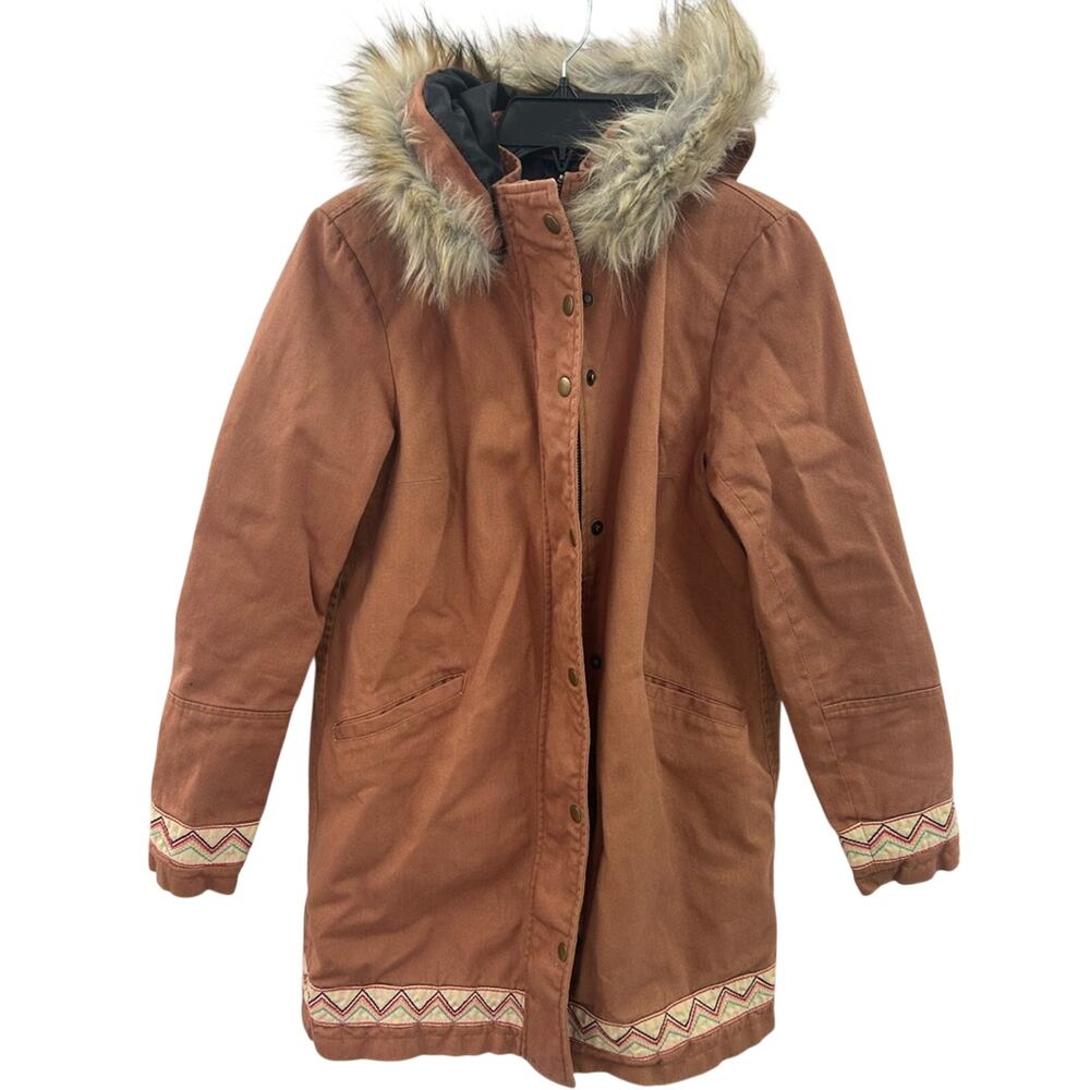 NWOT J4 Jacket Women's Brown Hooded Lined Coat with Southwest Fur Trim